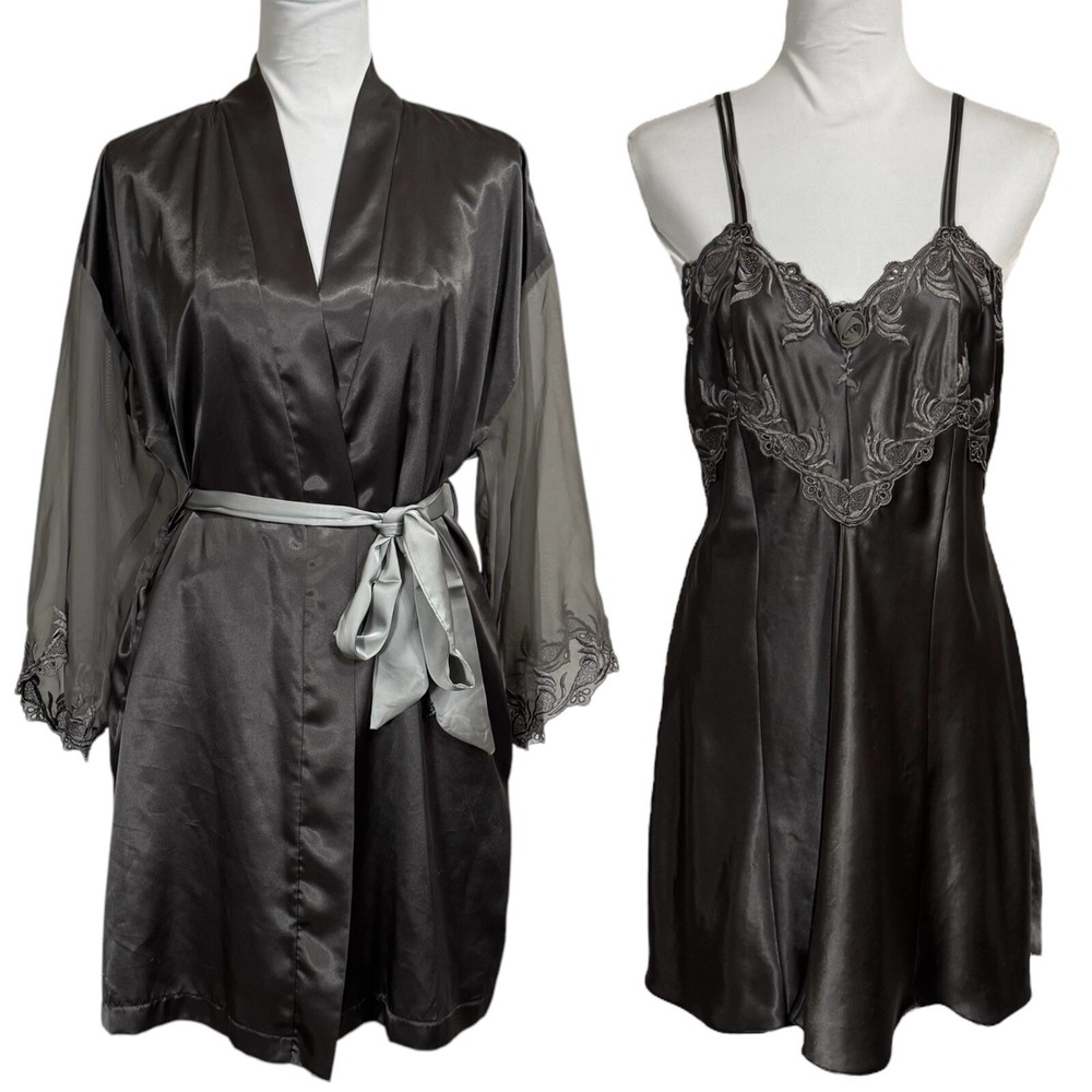 Y2K Bali Lace Satin‎ Chemise Slip Dress & Robe Set Size Small Embroidered Floral
